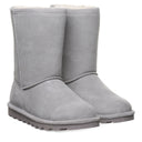 BEARPAW Women's Elle Short Boot in Gray Fog worn on foot with casual cold-weather styling for a cozy everyday fall and winter look.