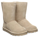 BEARPAW Women's Elle Short Boot in Mushroom worn on foot with casual cold-weather styling for a cozy everyday fall and winter look.