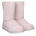 BEARPAW Women's Elle Short Boot in Pale Pink worn on foot with casual cold-weather styling for a cozy everyday look.