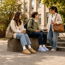 Three young adults wearing BEARPAW clogs relax and chat outside a campus building on a warm early-fall day.
