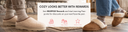 A promotional banner showing a person wearing beige fleece slip-on slippers with white trim, standing on a wooden floor in front of a stone wall. A white text panel in the center reads 'Rewards that feel like spring! Join MEAAPAW Rewards and start earning FlowPoints for Disrupteth today!' with small icons below.