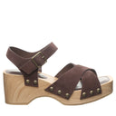 Side view of Bearpaw Colette sandal chickory with wood-look platform heel, suede straps and secure ankle buckle