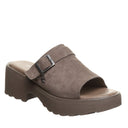 Bearpaw Frances sandal in Morel shown from a front angle featuring cow suede upper, adjustable buckle strap, cushioned comfort footbed with faux leather top cover, and 2.2 inch heel for everyday wear