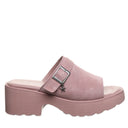 Inner side view of Bearpaw Frances sandal in Peony showing suede upper and contoured platform sole