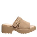 Side view of Bearpaw Frances sandal in Toffee with suede upper, slip-on design, and cushioned platform sole