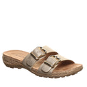 Bearpaw Jackie sandal in gold shown from a front angle with adjustable buckle straps, cushioned comfort footbed, and braided rope midsole for everyday summer wear