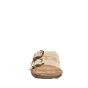 Front view of Bearpaw Jackie sandal in gold showing dual adjustable straps with metal buckles and open toe design