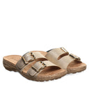 Pair of Bearpaw Jackie sandals in gold with adjustable straps, cushioned footbed, and flexible outsole for all-day comfort