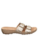 Bearpaw Jackie sandal in gold from alternate side showing adjustable straps with metal buckles and cushioned EVA footbed for a secure and comfortable fit