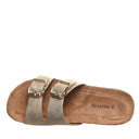 Top view of Bearpaw Jackie sandal in gold with cushioned high density EVA footbed and soft microsuede lining for comfort