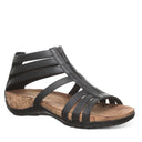 Bearpaw Layla II sandal in black featuring faux leather upper, front zipper closure, multi-strap design, and cork-wrapped midsole
