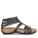 Side view of Bearpaw Layla II sandal in black with faux leather straps, cork-wrapped PU midsole, and lightweight sculpted outsole