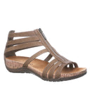 Bearpaw Layla II sandal in brown featuring faux leather upper, front zipper closure, multi-strap design, and cork-wrapped midsole