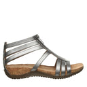 Angled view of Bearpaw Layla II sandal in gunmetal showing metallic straps and open toe design