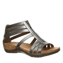Bearpaw Layla II sandal in gunmetal metallic finish with front zipper and strappy design, comfortable women’s sandal