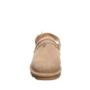 Front view of Bearpaw Lexi clog in toffee highlighting rounded toe and suede texture