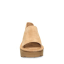 Front view of Bearpaw Sail mule iced coffee suede showcasing open toe and platform sole design