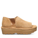 Side view of Bearpaw Sail mule iced coffee suede with platform outsole and minimalist slip-on silhouette