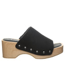 Side view of Bearpaw Tilda sandal black showcasing suede upper, wooden block heel and slip-on mule silhouette