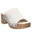 Bearpaw Tilda sandal in bleached sand suede angle view featuring wooden platform heel, wide upper strap with stud details and open toe design