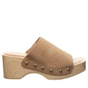 Angled view of Bearpaw Tilda sandal in hickory highlighting suede upper, platform sole and modern slip-on silhouette