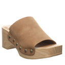Bearpaw Tilda sandal in hickory suede featuring wooden platform heel, stud detailing and open toe slip-on design
